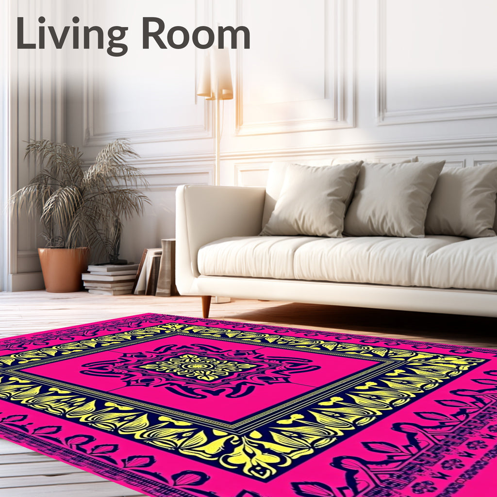 Hot Pink Yellow Symmetrical Mandala Rug