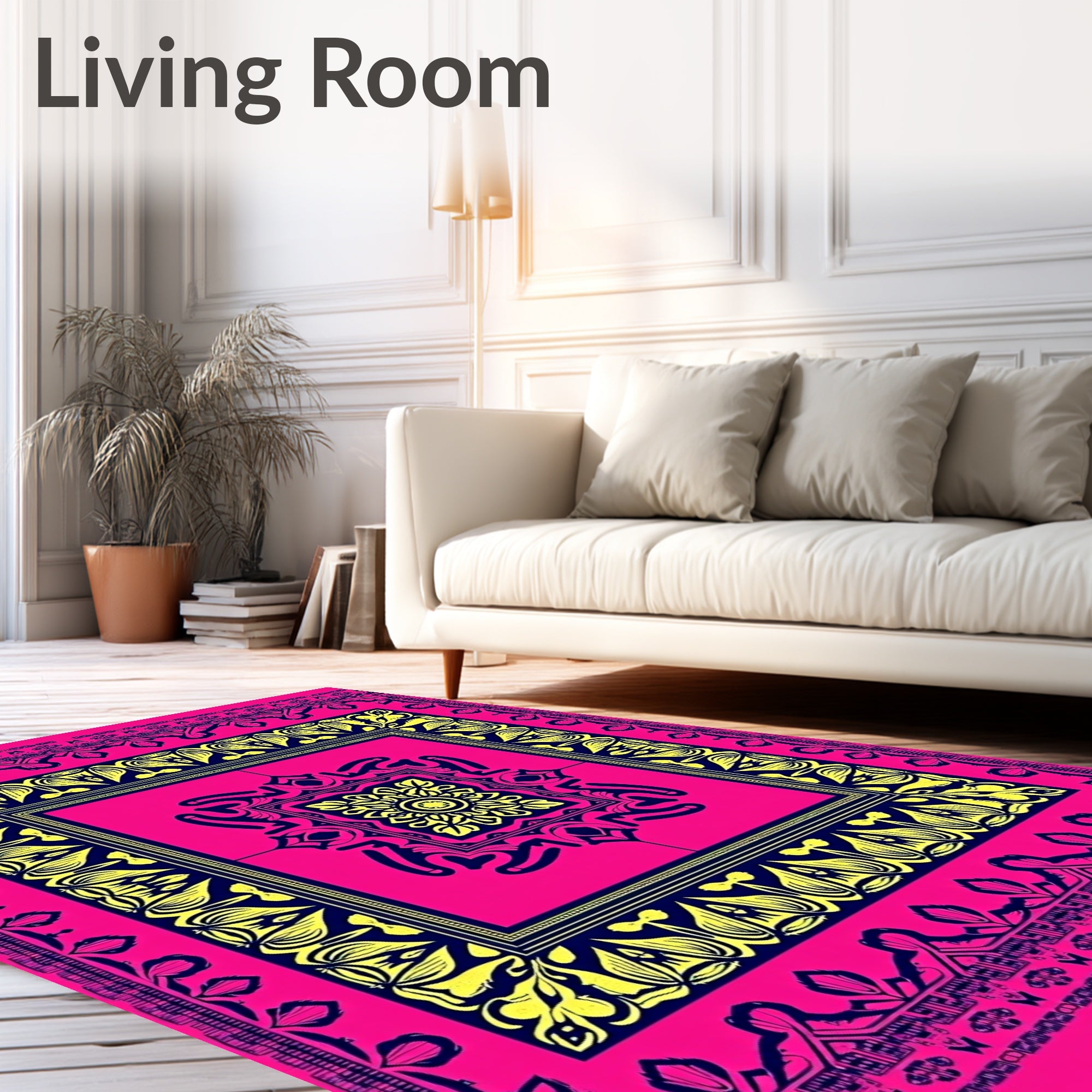 Hot Pink Yellow Symmetrical Mandala Rug