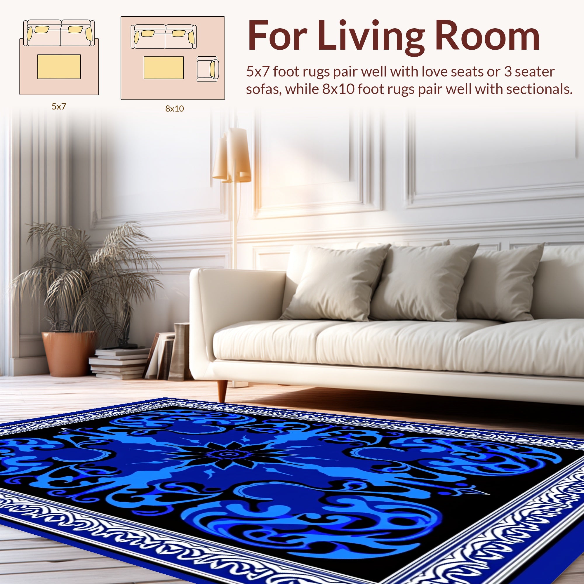 Bold Blue Black Abstract Floral Design Rug
