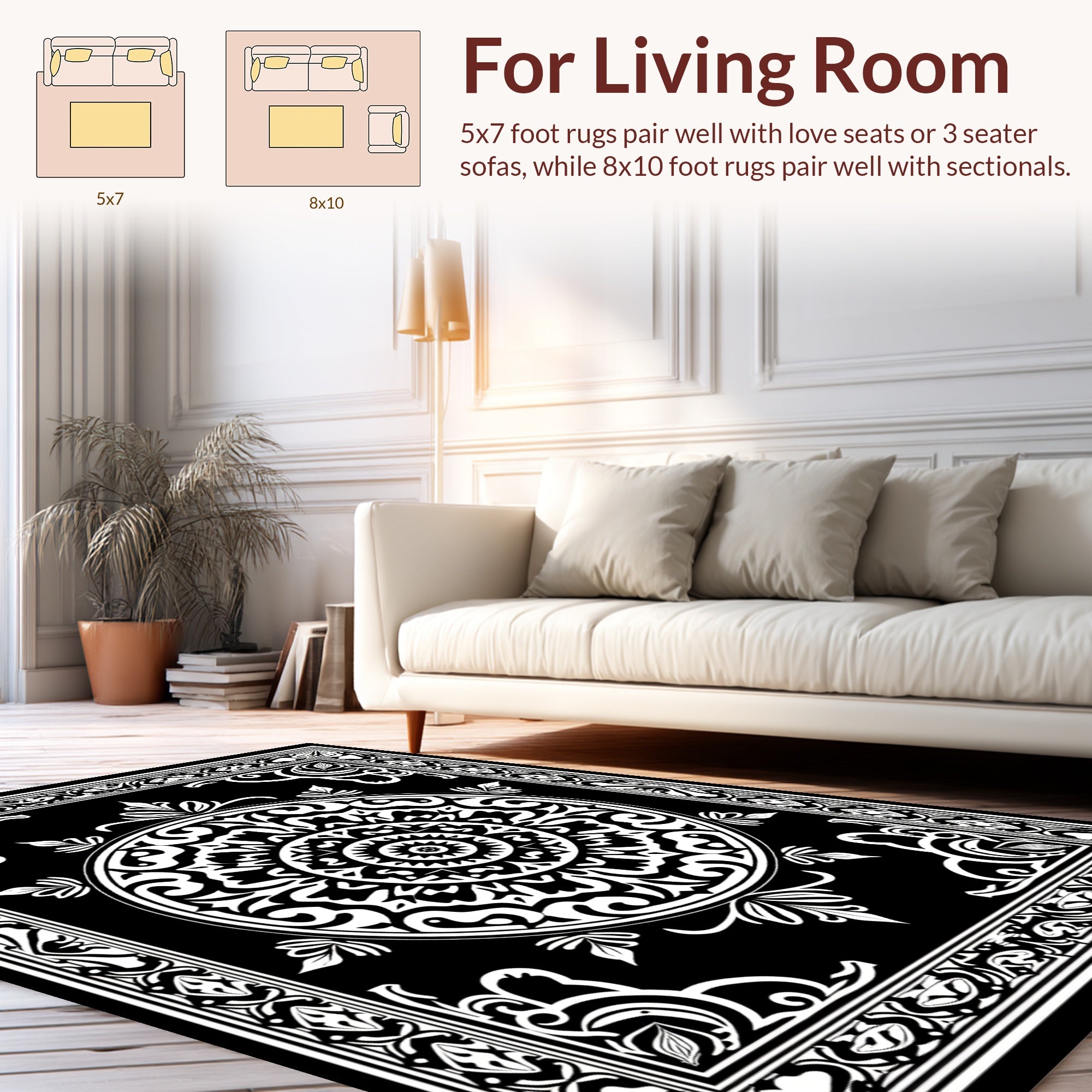 Intricate Black and White Mandala Design Rug