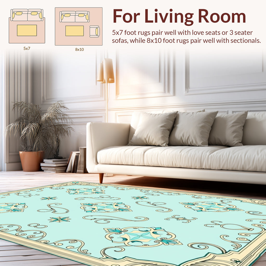 Aqua Teal Floral Medallion Art Nouveau Rug