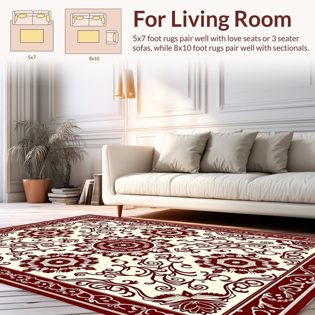 Dark Red Floral Mandala Patterned Rug