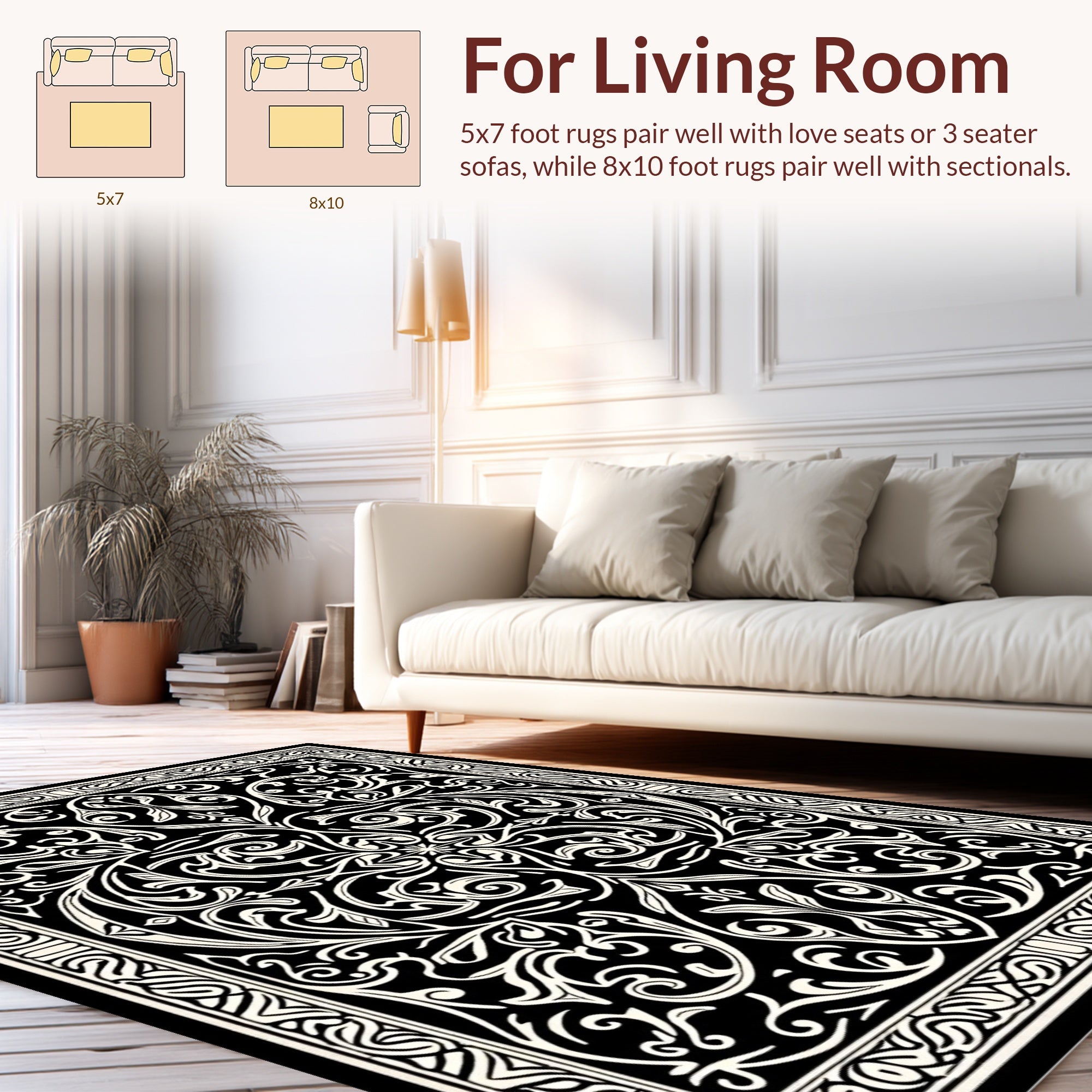 Intricate Black Cream Scrollwork Pattern Rug
