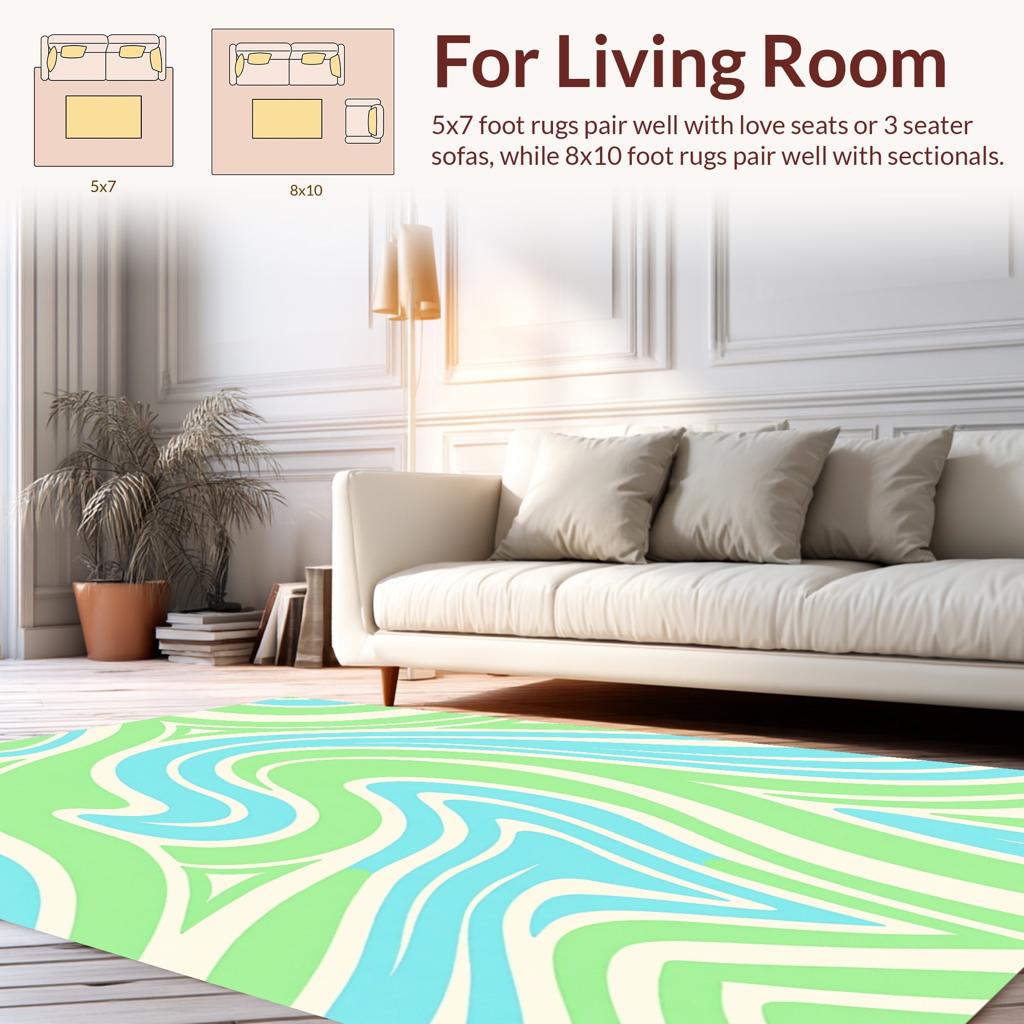 Retro Wavy Cream Blue Green Pattern Rug