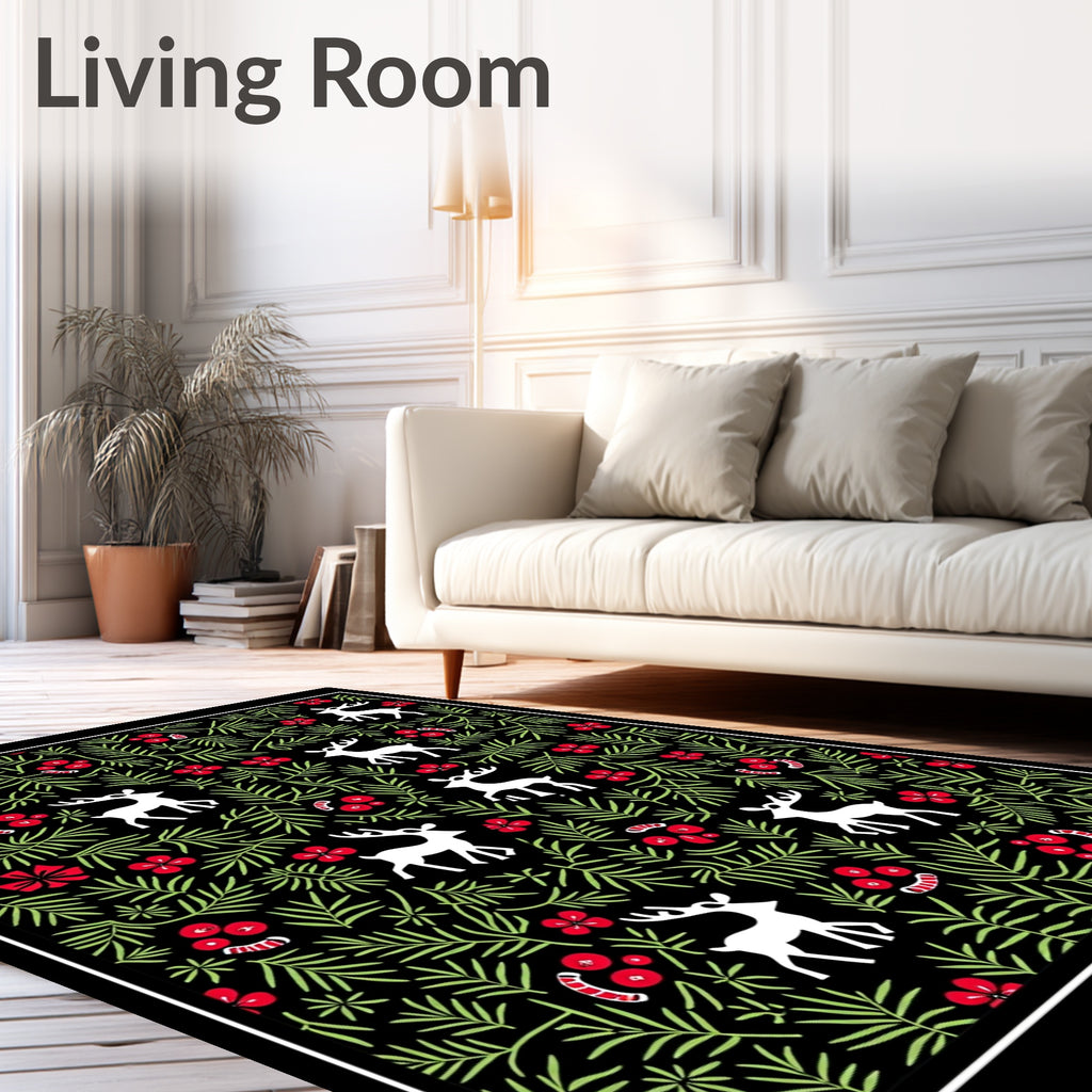 White Deer Red Holly Greenery Black Rug