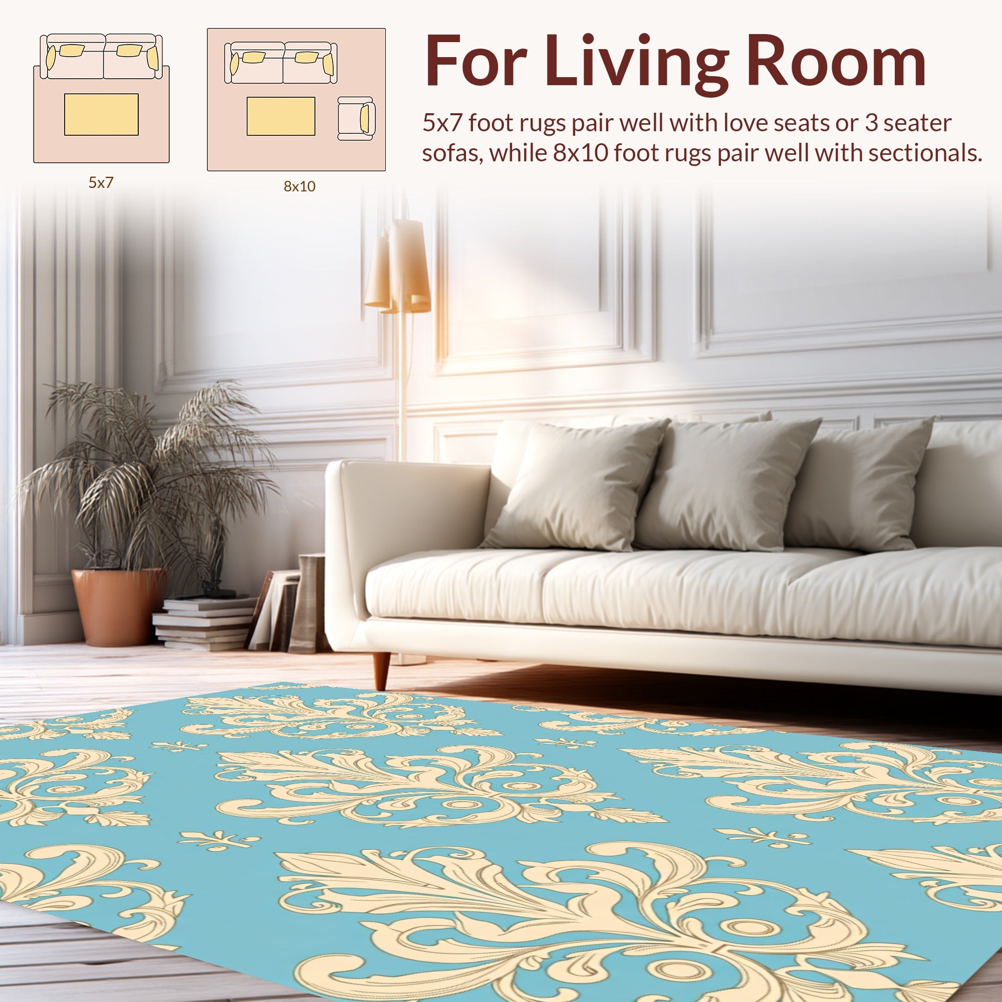 Blue Cream Baroque Scroll Pattern Rug