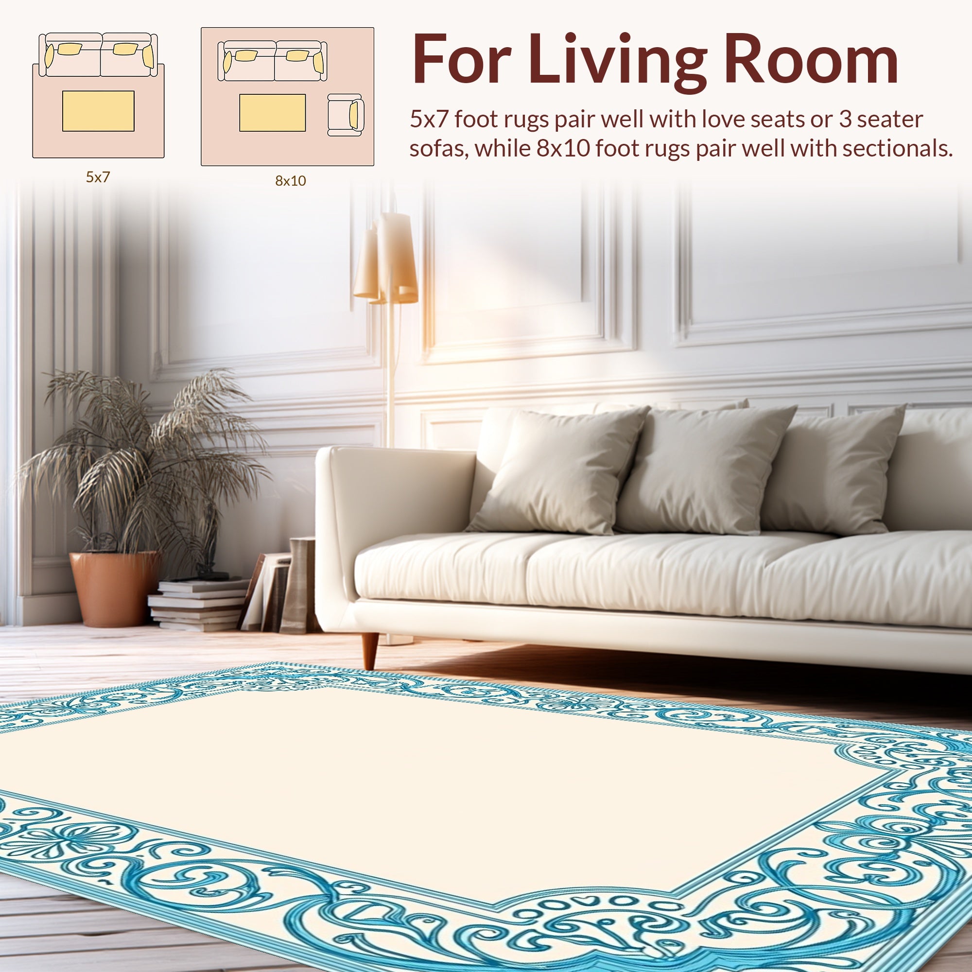 Classic Blue Scroll Frame Pattern Rug