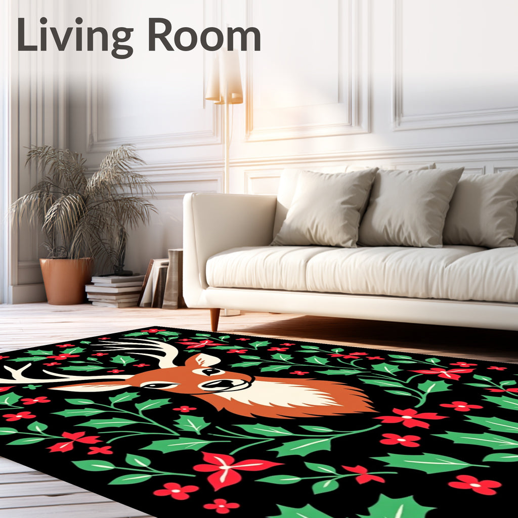 Rustic Red Green Holly Deer Illustration Rug