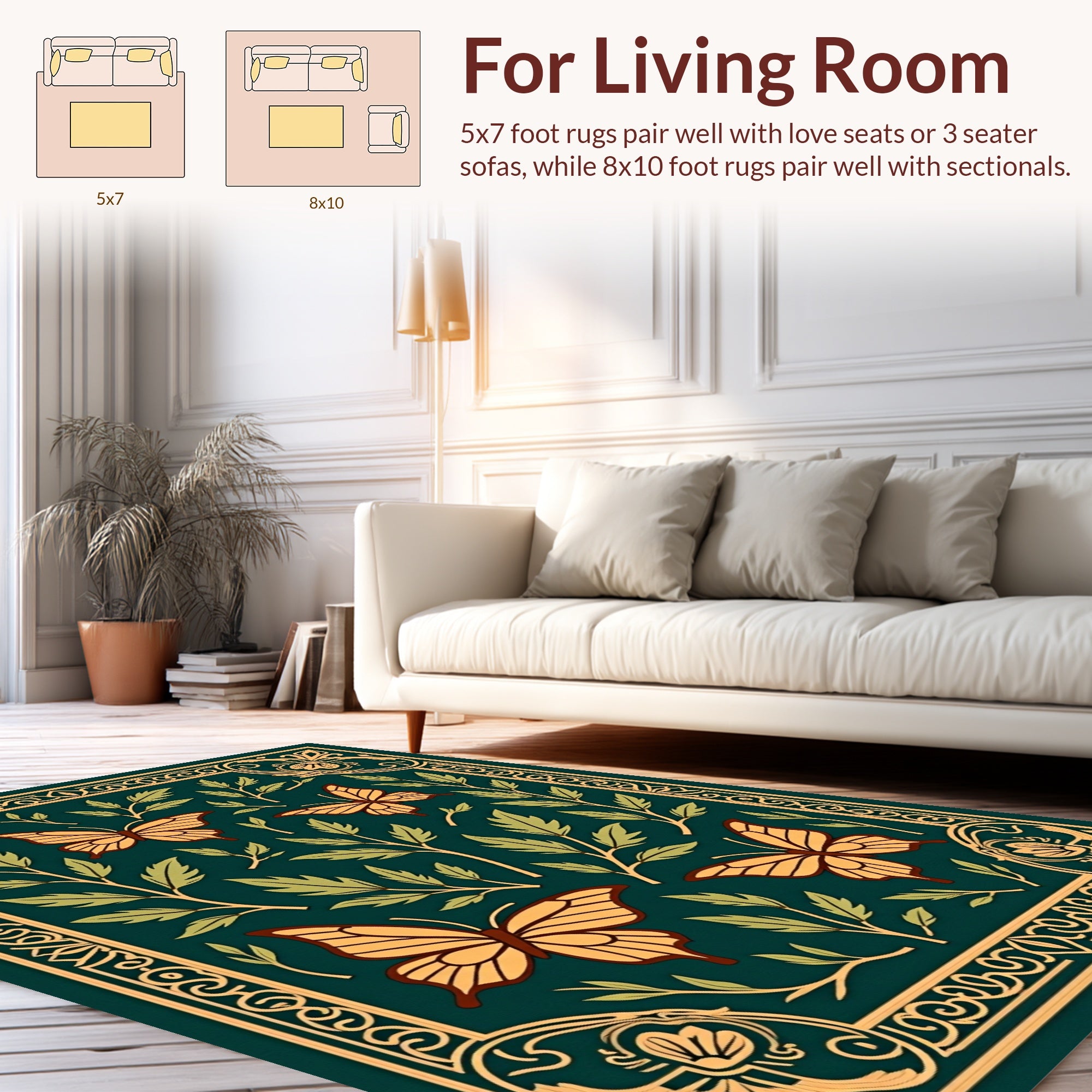 Golden Butterflies on Green Foliage Rug