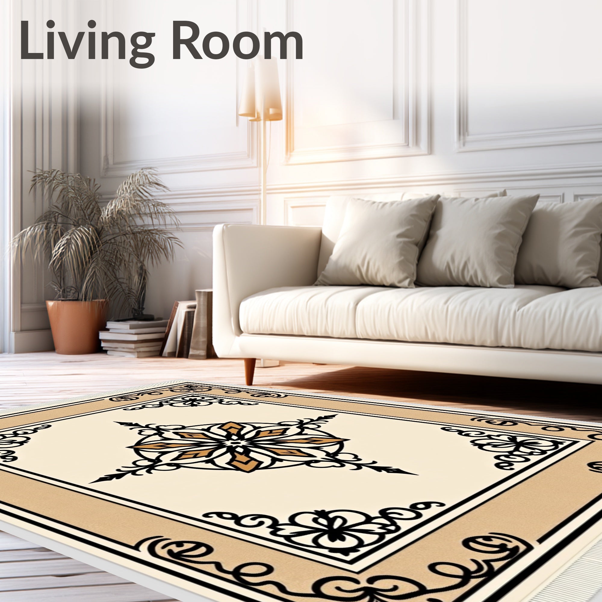 Cream Black Gold Floral Medallion Rug
