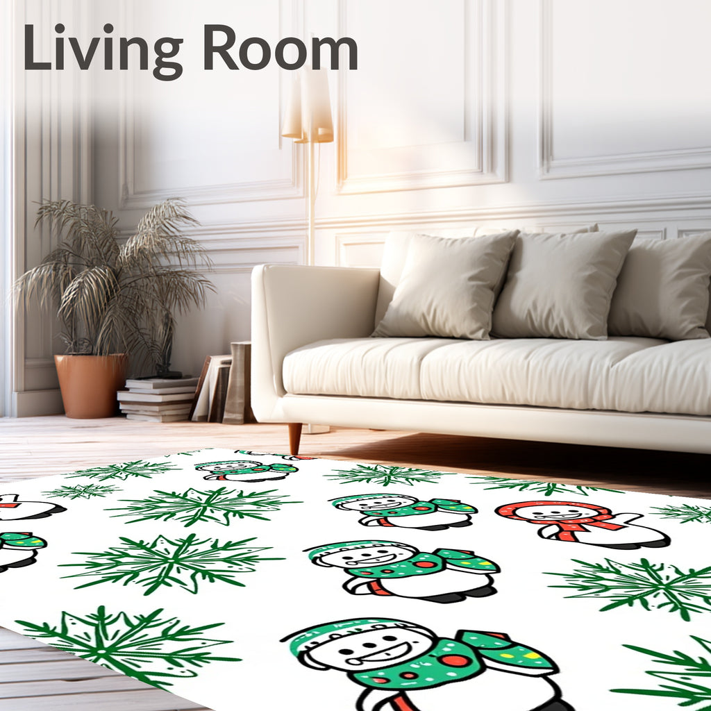 Playful Snowman With Green Snowflakes Rug
