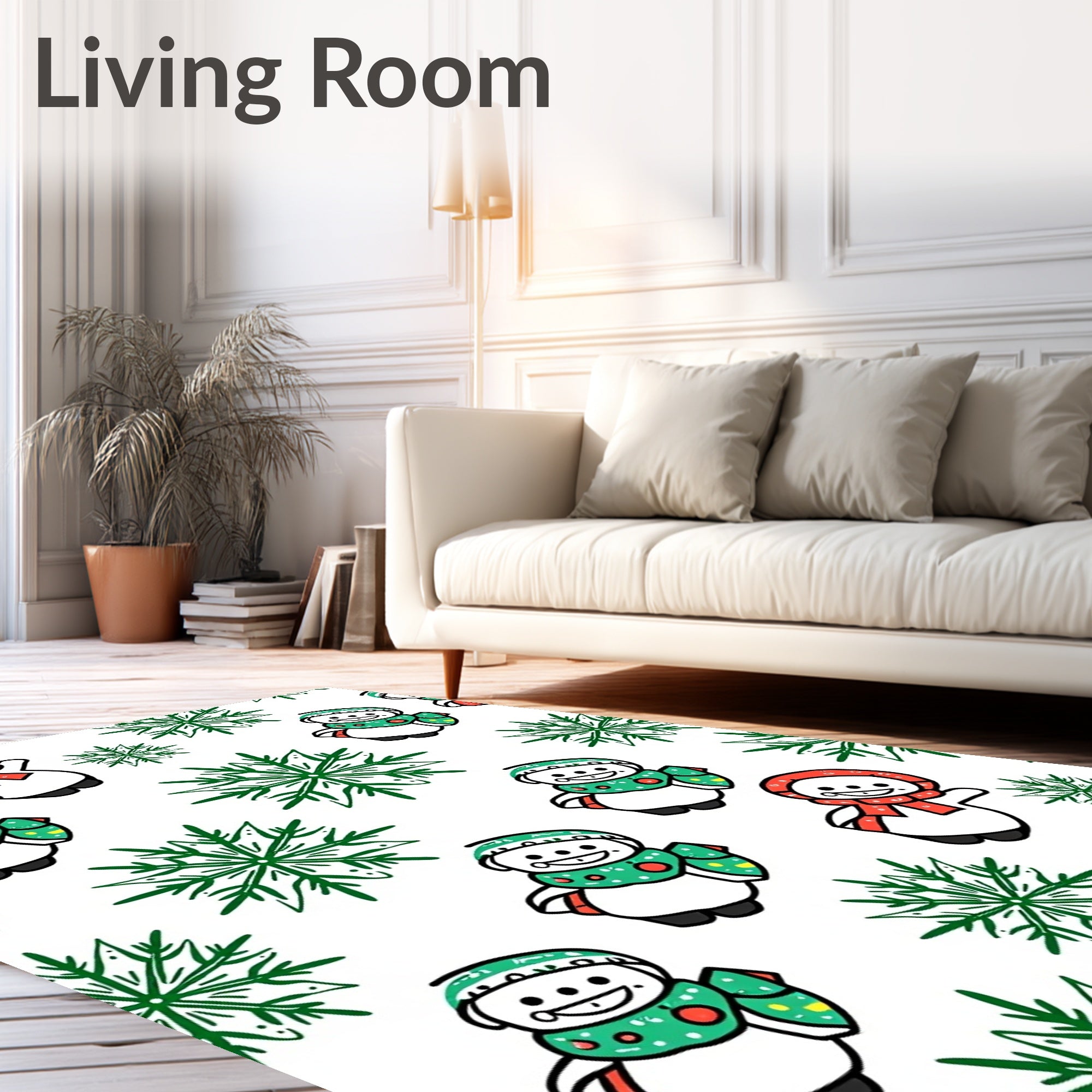 Playful Snowman With Green Snowflakes Rug