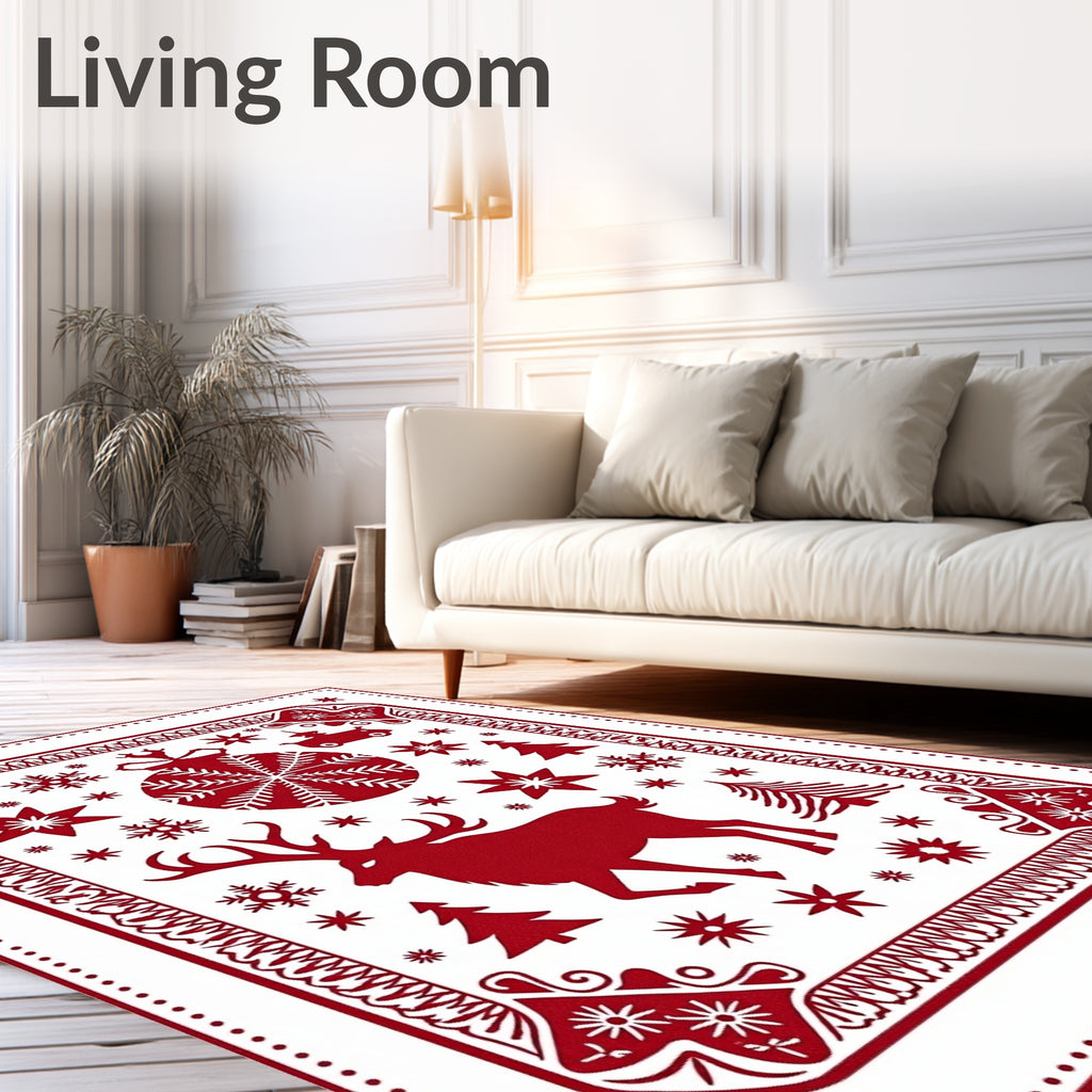 Red Christmas Deer Ornament Snowflake Trees Rug