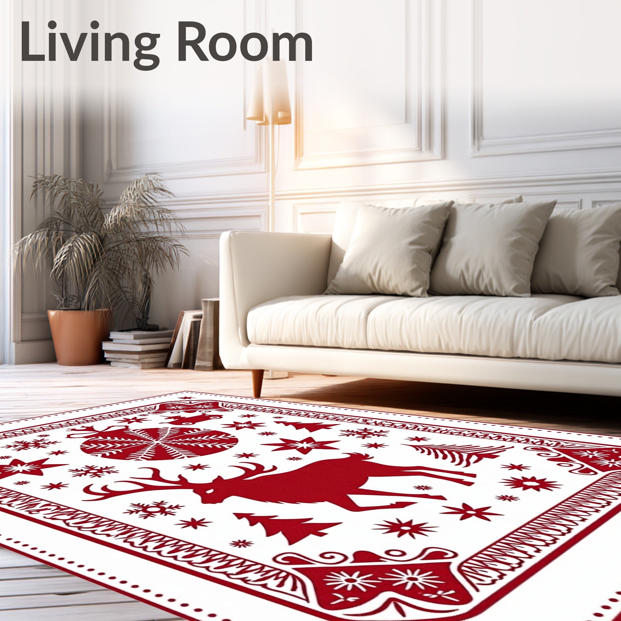 Red Christmas Deer Ornament Snowflake Trees Rug