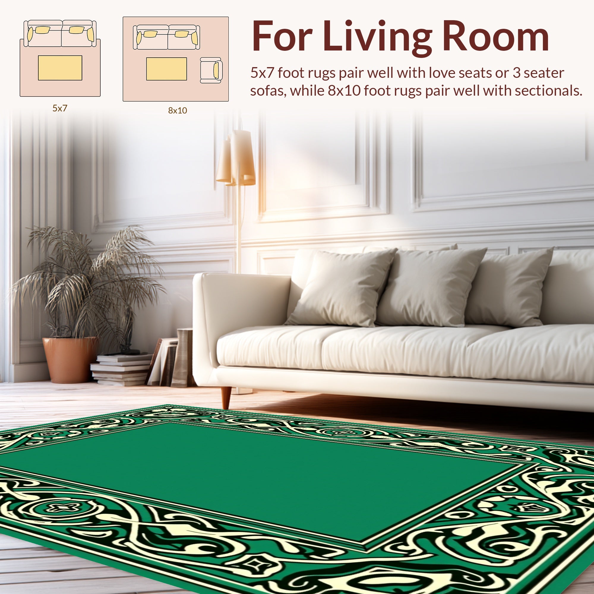 Elegant Green Ivory Black Ornate Border Rug