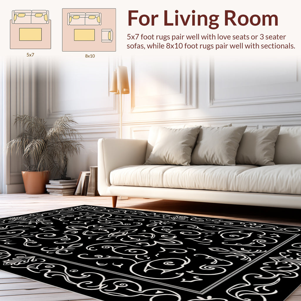 Elaborate Swirls Black White Pattern Rug