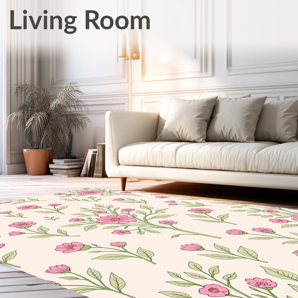 Pink Floral Branches With Green Leaves Rug