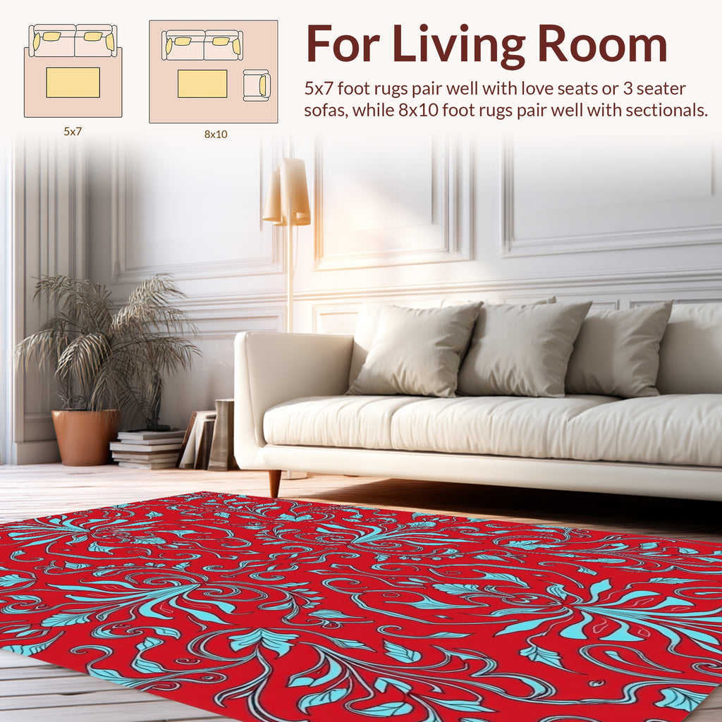 Elegant Red Teal Floral Pattern Rug