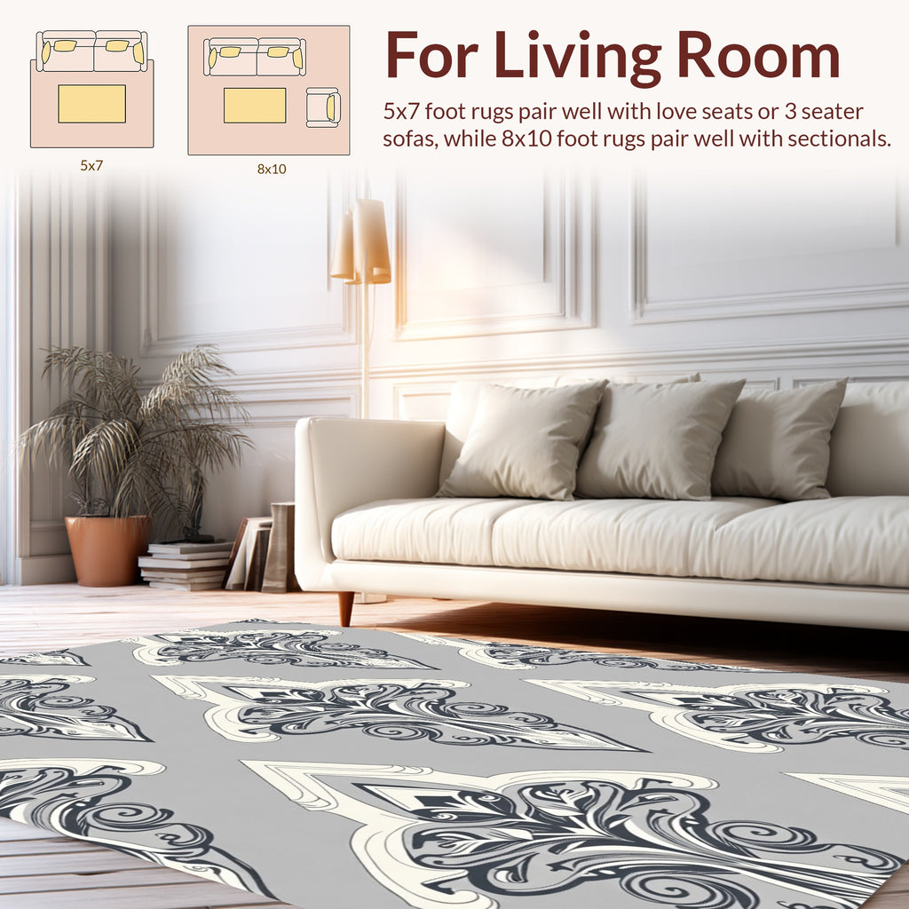 Elegant Grey White Damask Pattern Rug