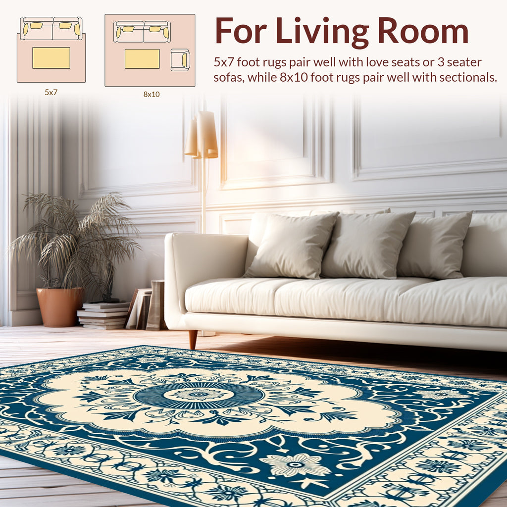 Vintage Blue Floral Mandala Pattern Rug