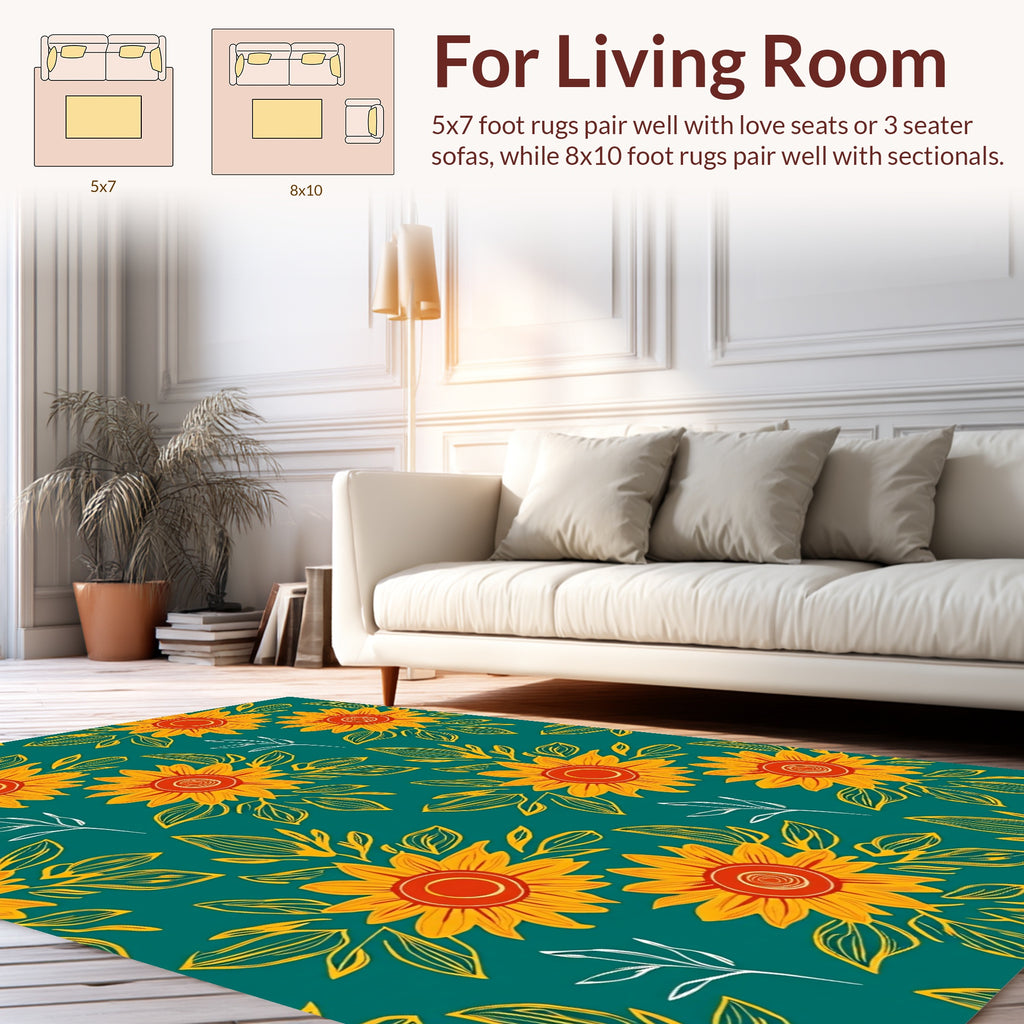 Golden Sunflowers with Teal Background Rug