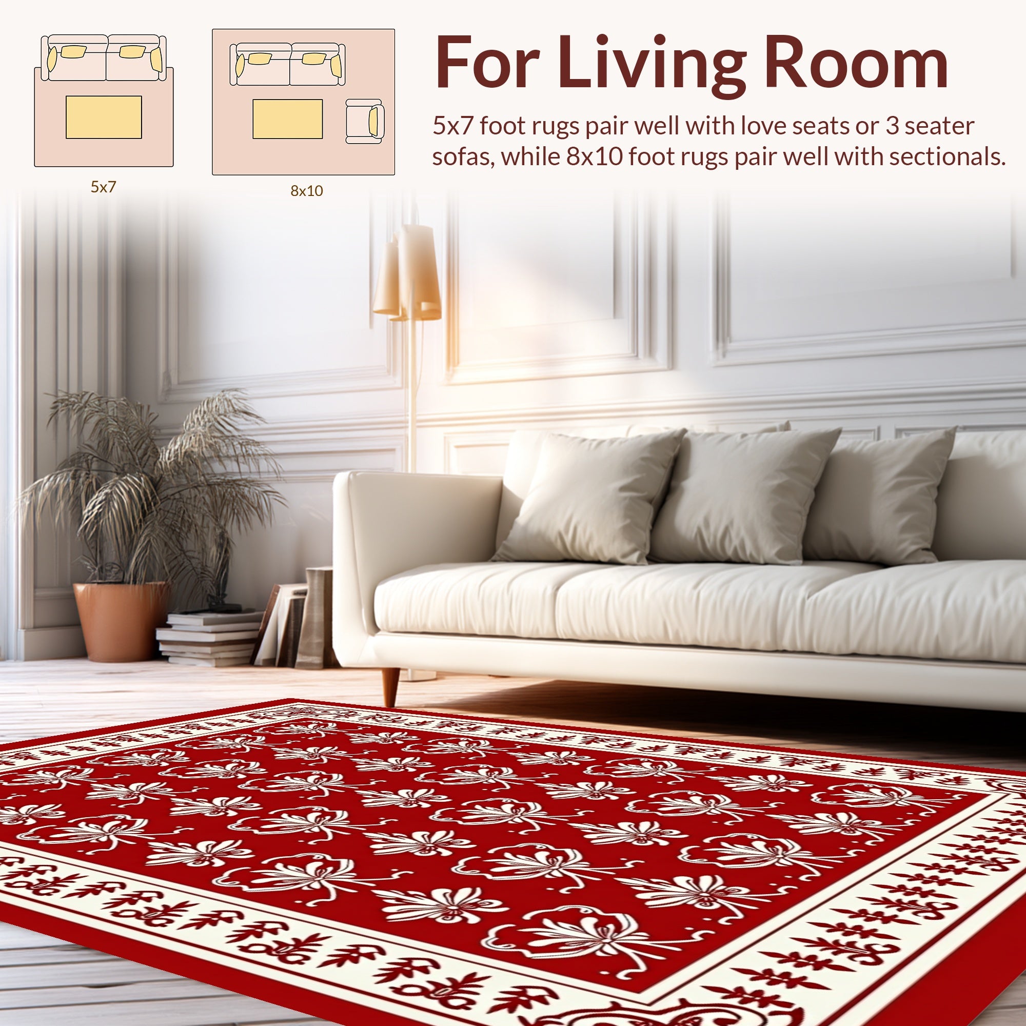 Elegant Red White Floral Pattern Rug