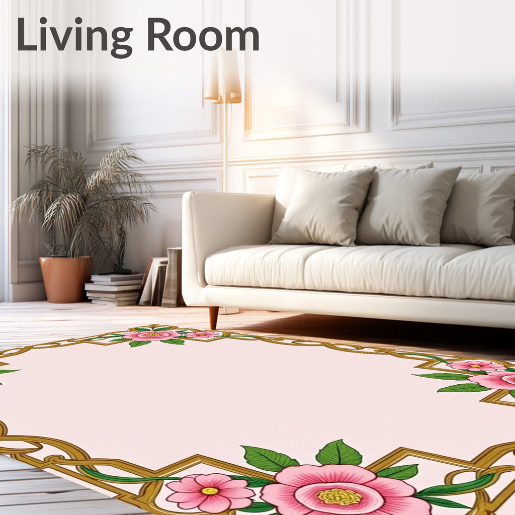 Ornate Pink Floral Gold Border Rug