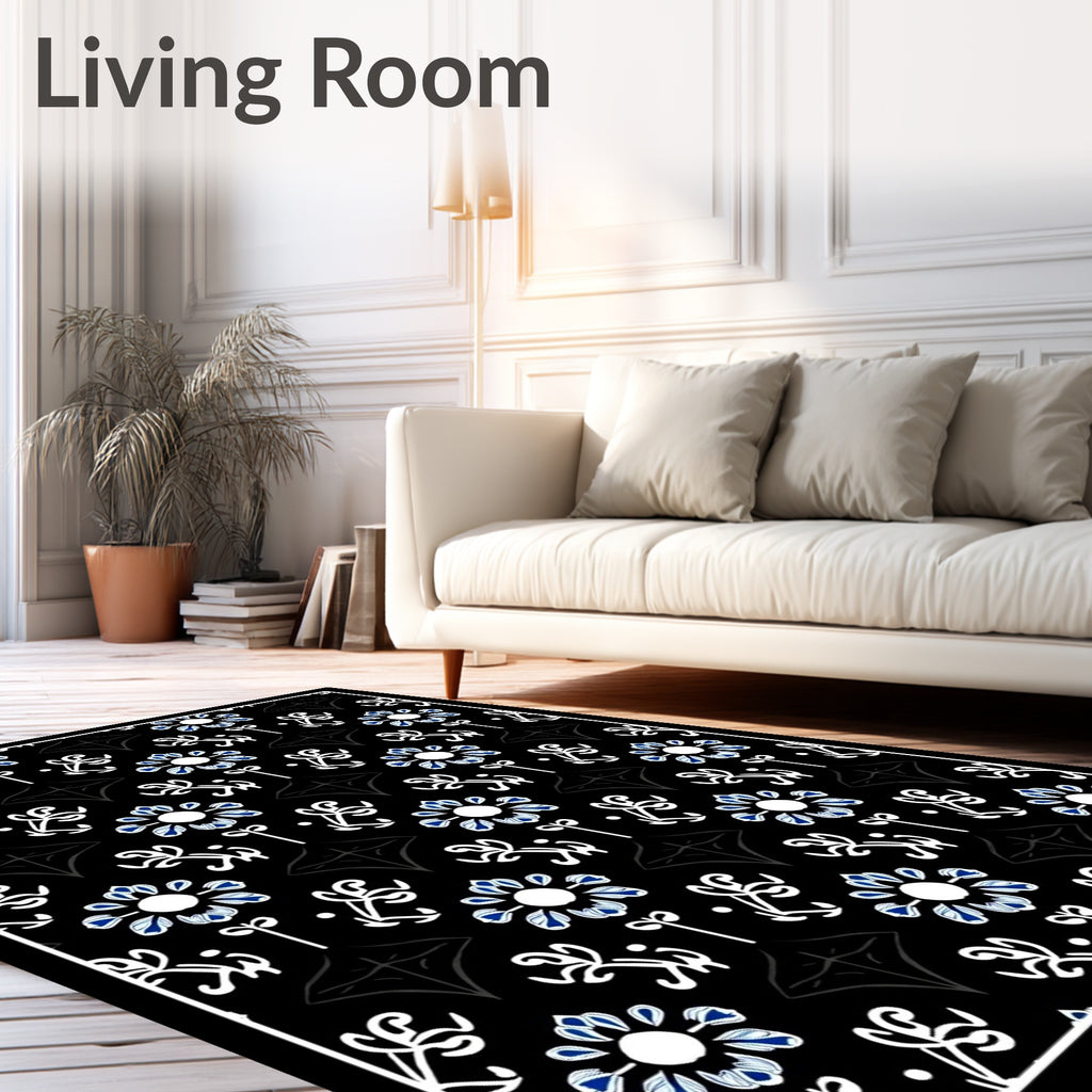 Black Blue Floral Medallion Vine Rug