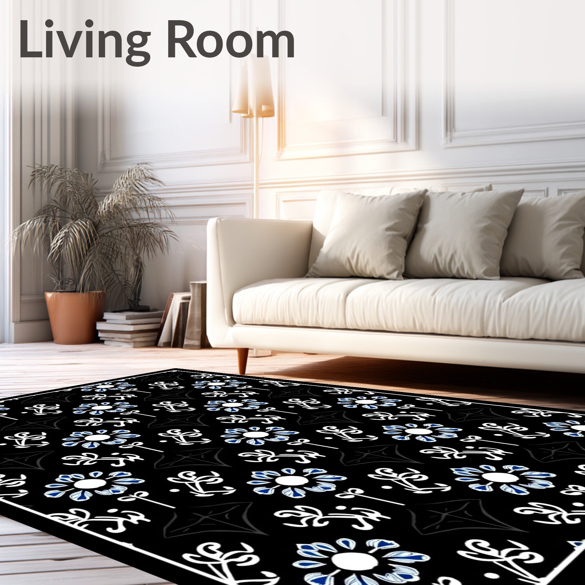 Black Blue Floral Medallion Vine Rug