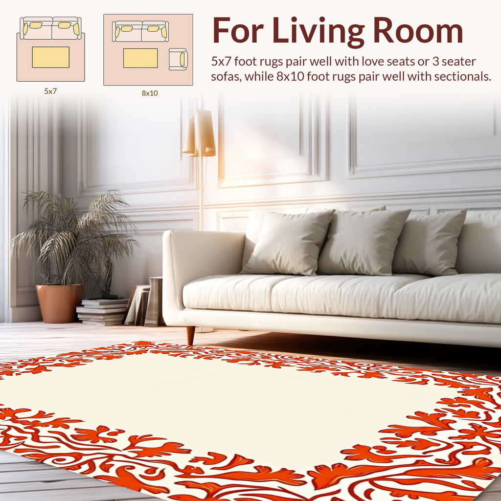 Bold Orange Floral Vine Frame Design Rug