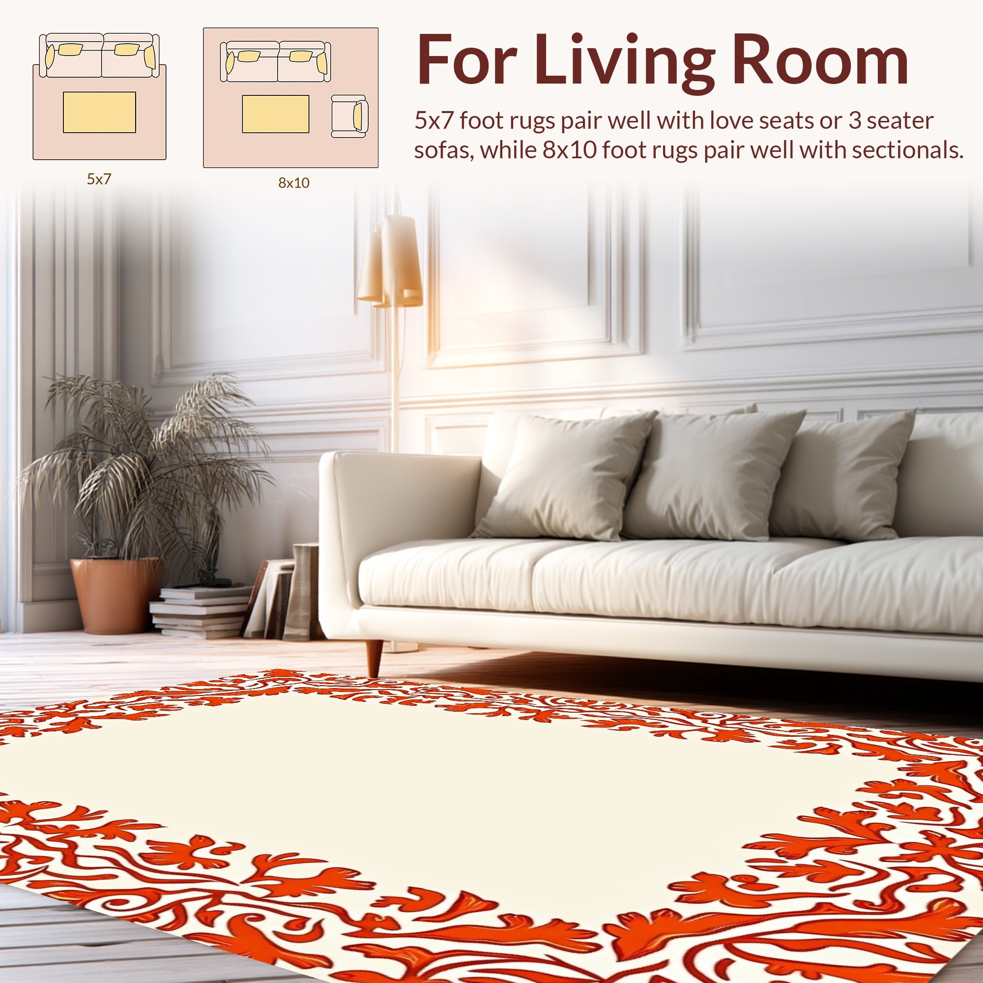 Bold Orange Floral Vine Frame Design Rug