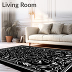 White Black Floral Symmetry Vines Rug