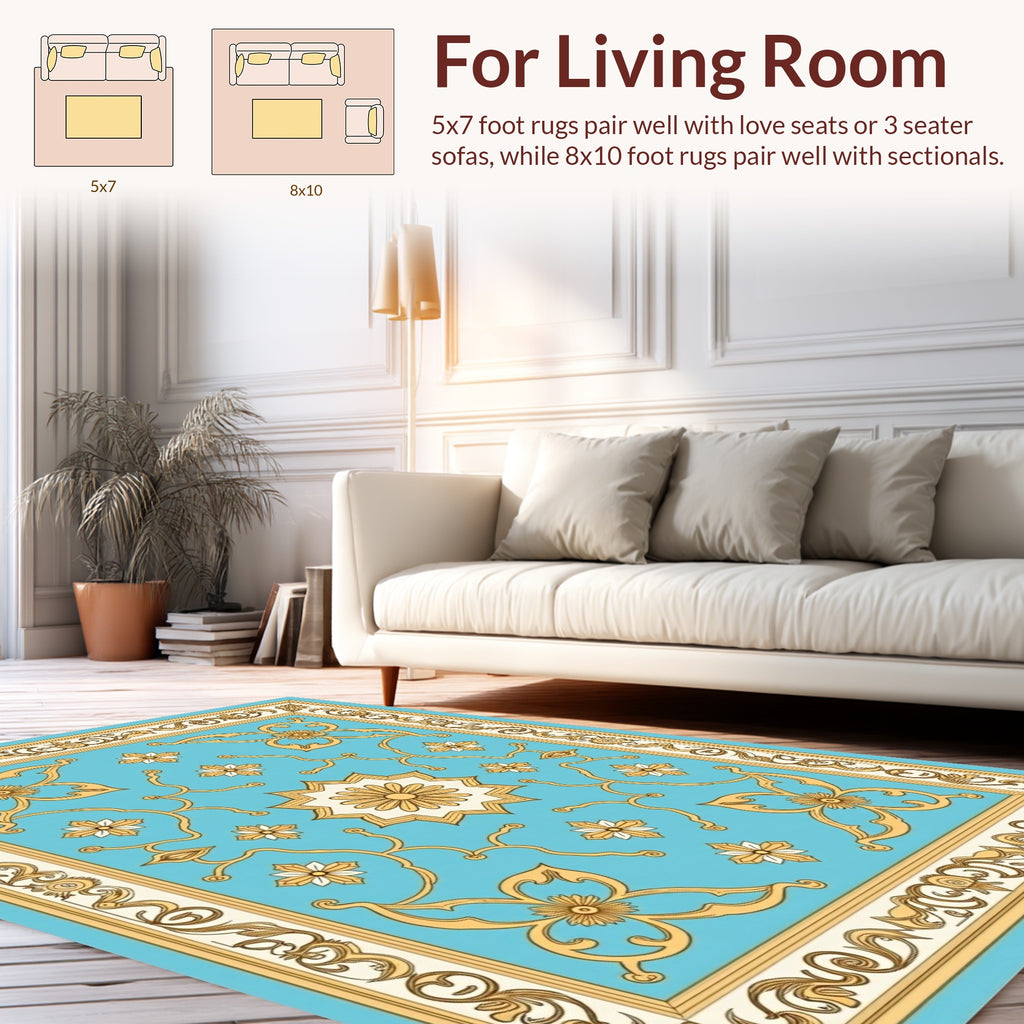 Elegant Blue Gold Floral Border Design Rug