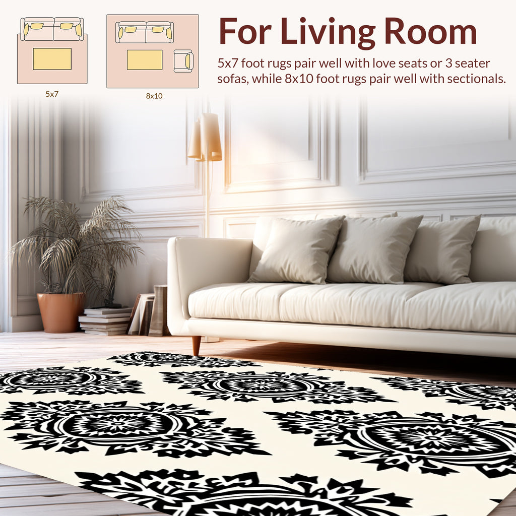 Classic Black White Damask Pattern Rug
