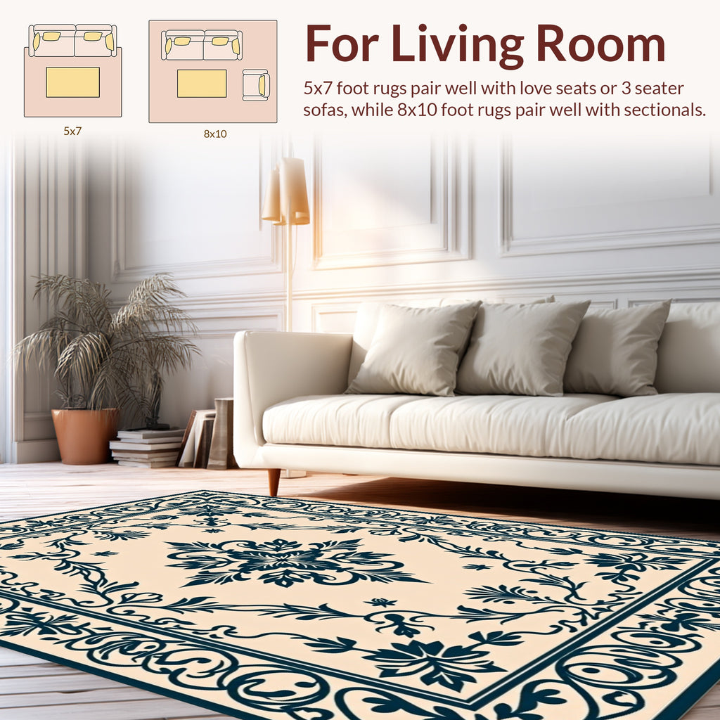 Ornate Navy Floral Traditional Design Rug