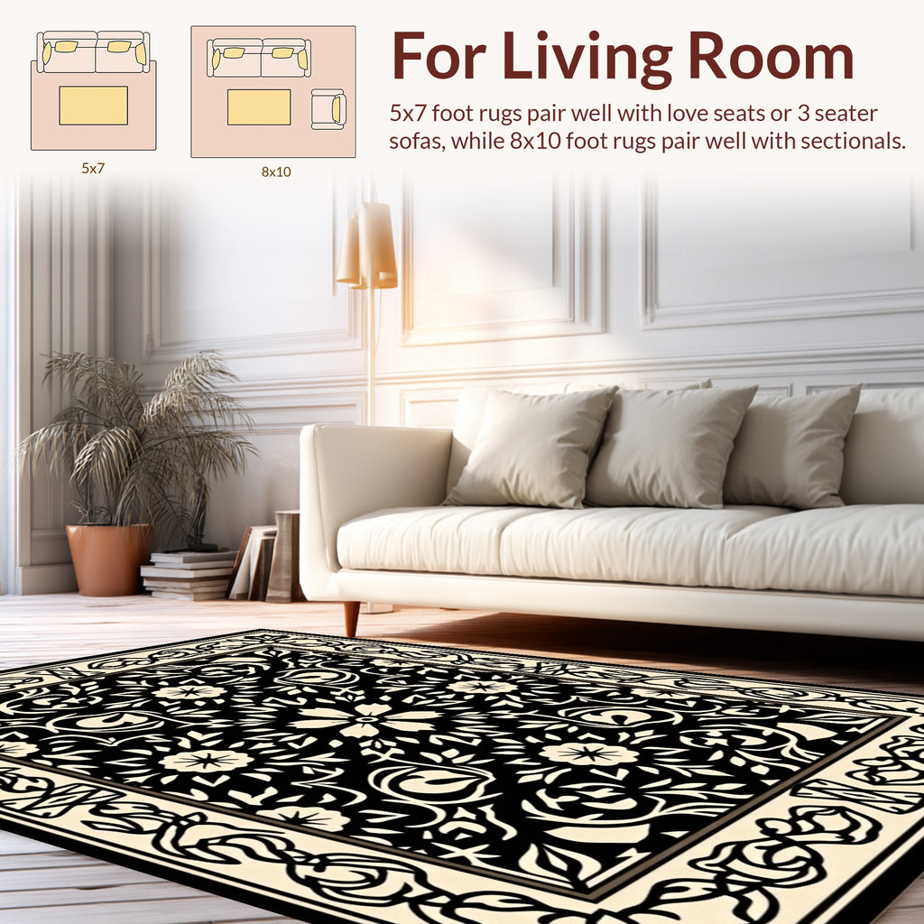 Elegant Black Floral Intricate Design Rug