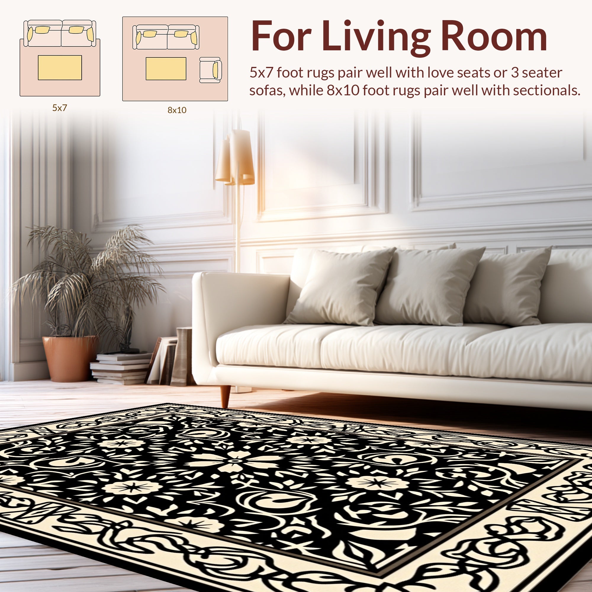 Elegant Black Floral Intricate Design Rug
