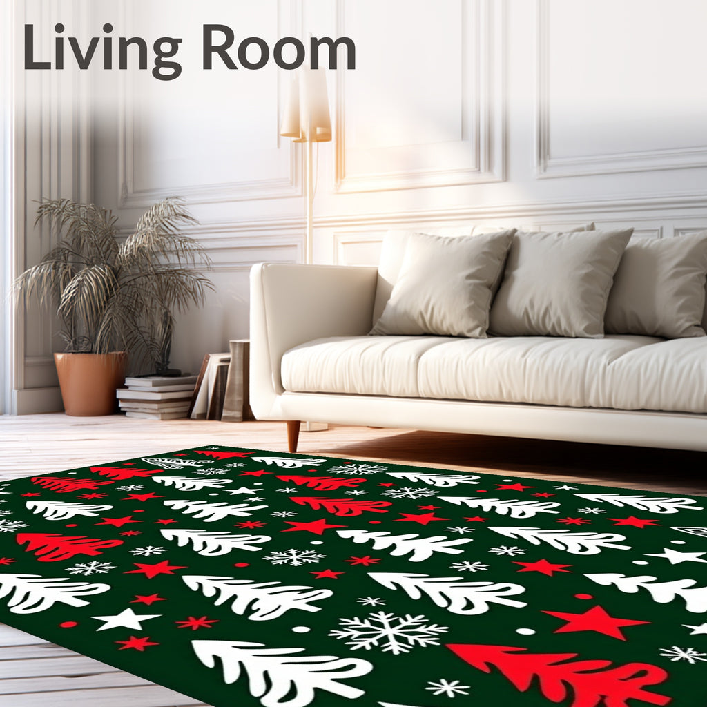Classic Red White Evergreen Snowflakes Rug