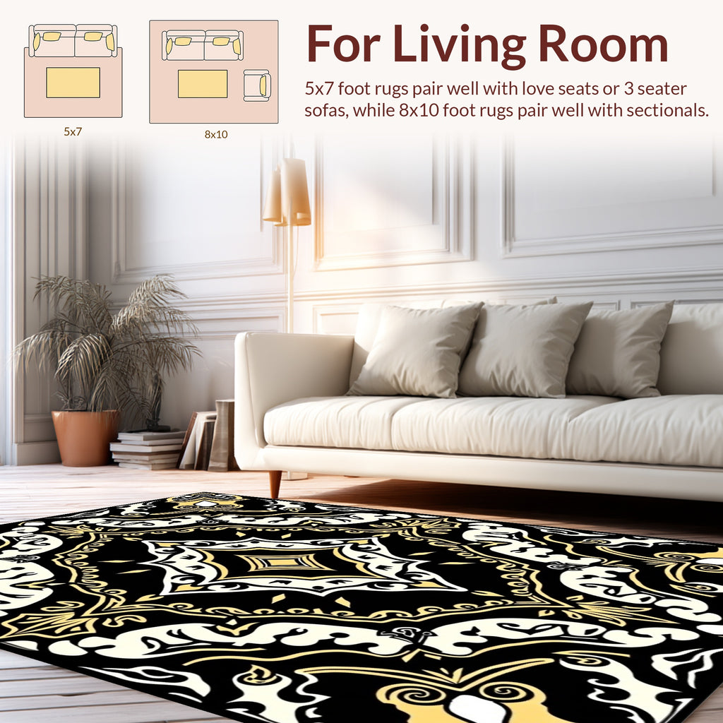 Ornate Black Yellow Geometric Pattern Rug