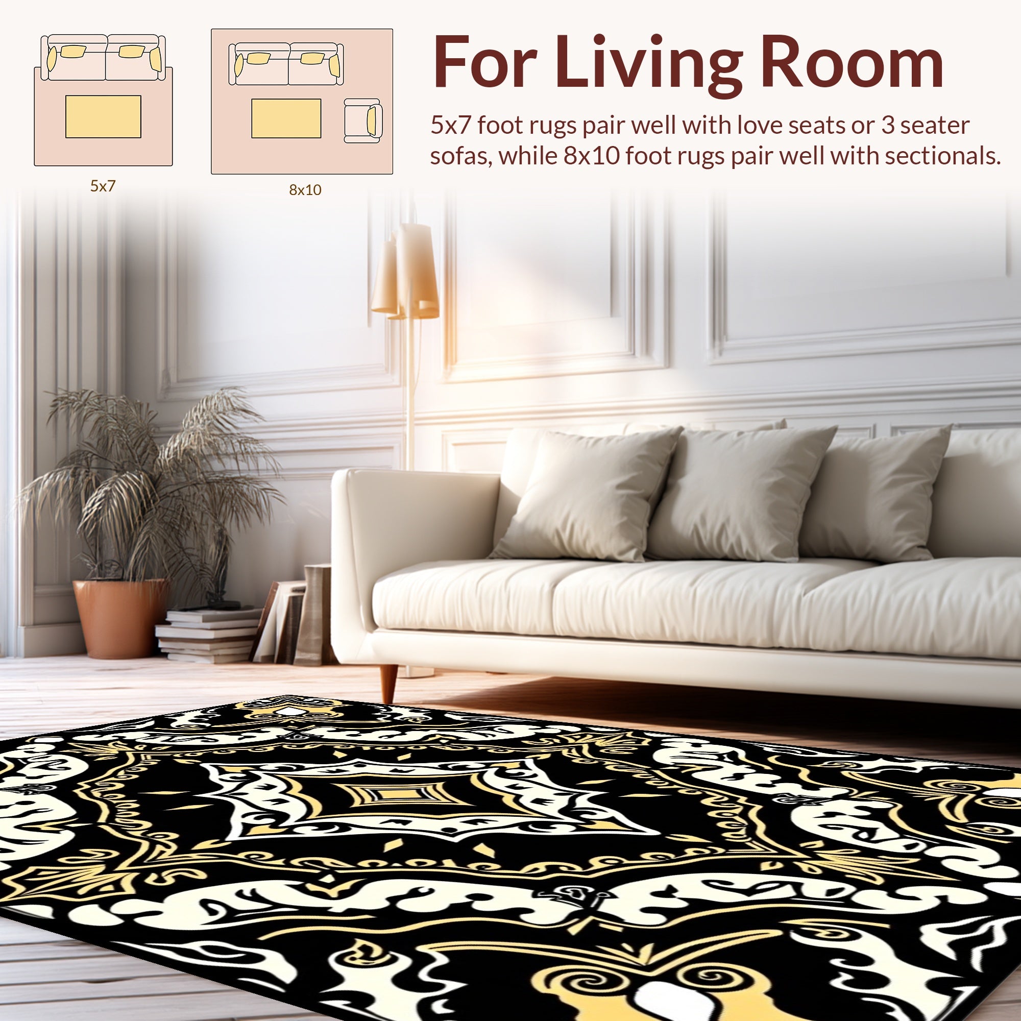 Ornate Black Yellow Geometric Pattern Rug
