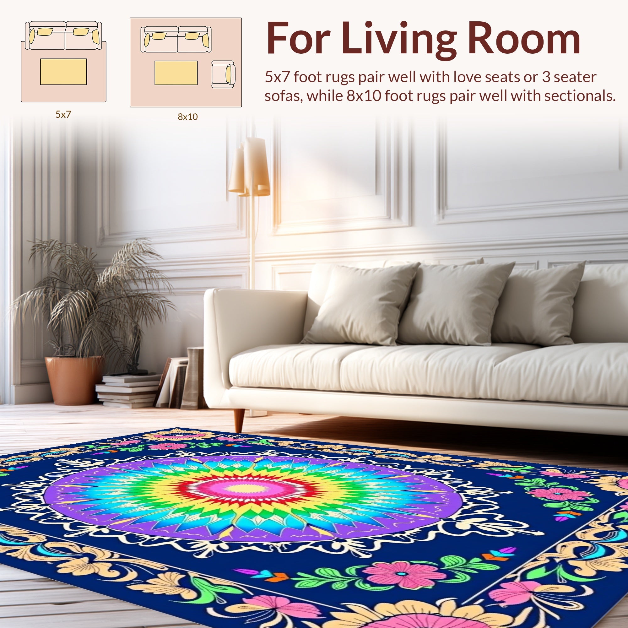 Vibrant Rainbow Mandala Floral Border Rug