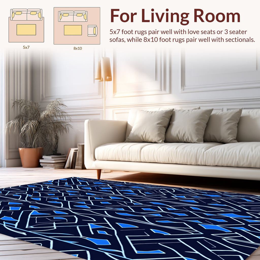 Dark Blue White Geometric Abstract Design Rug