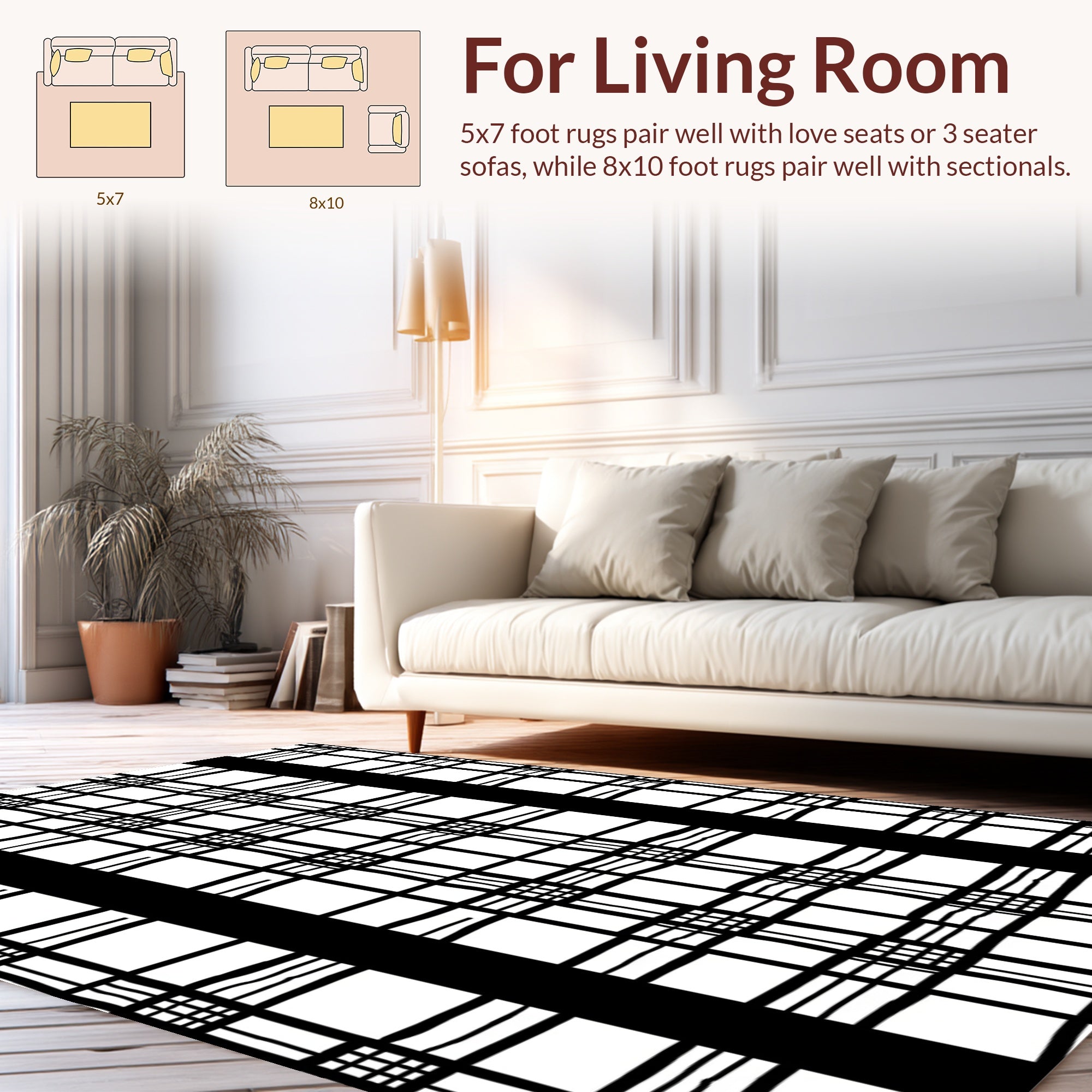 Bold Black White Plaid Design Rug