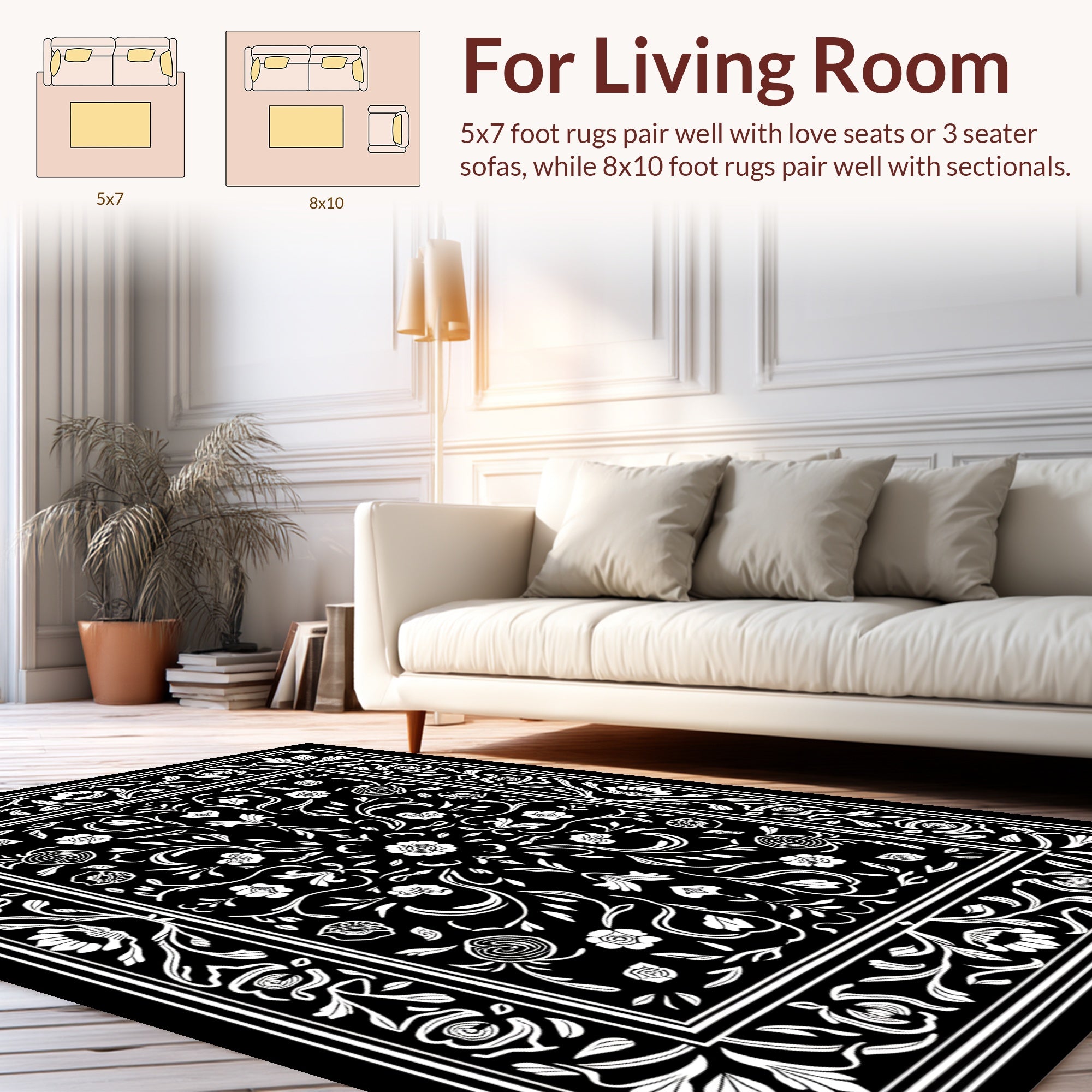 Elaborate Floral Scrollwork Black White Rug
