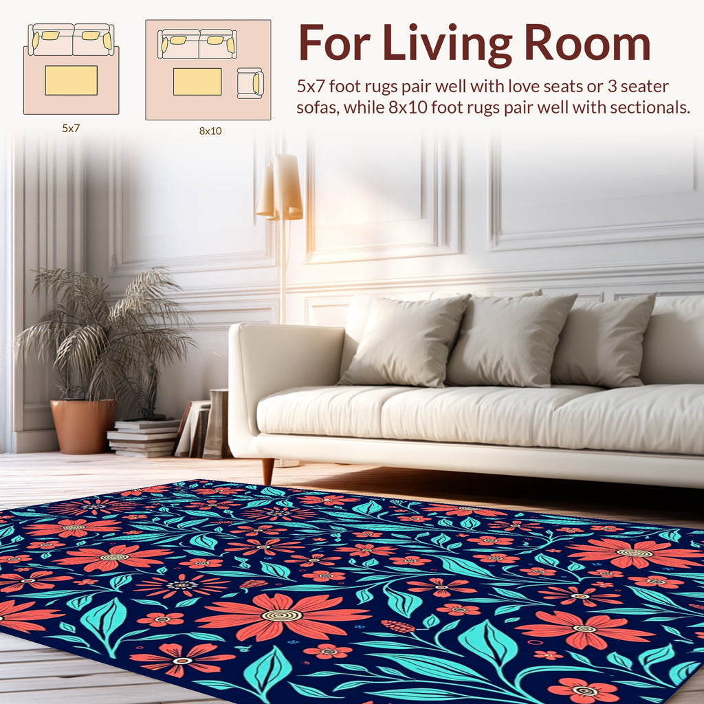 Coral Teal Floral Vine Pattern Rug