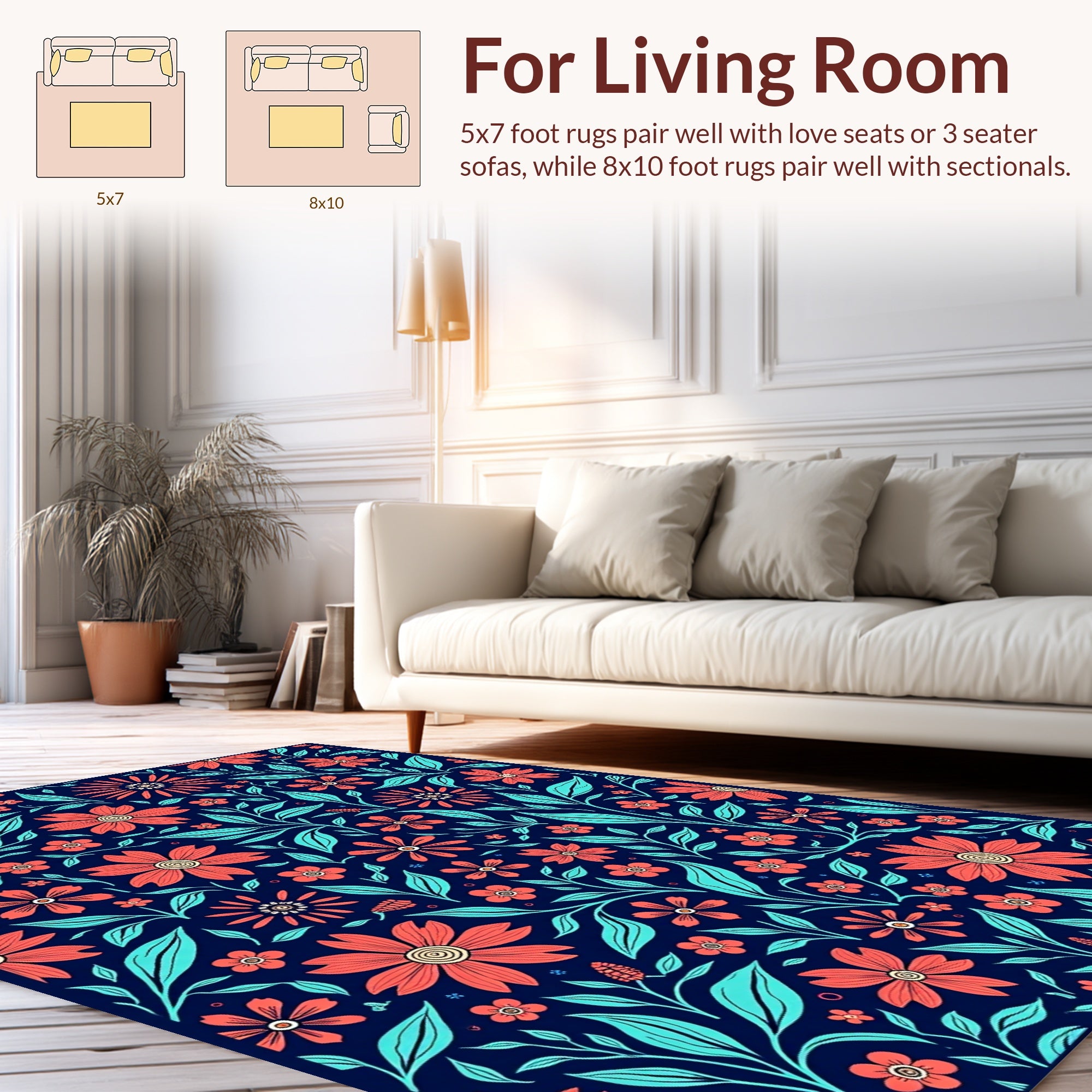 Coral Teal Floral Vine Pattern Rug