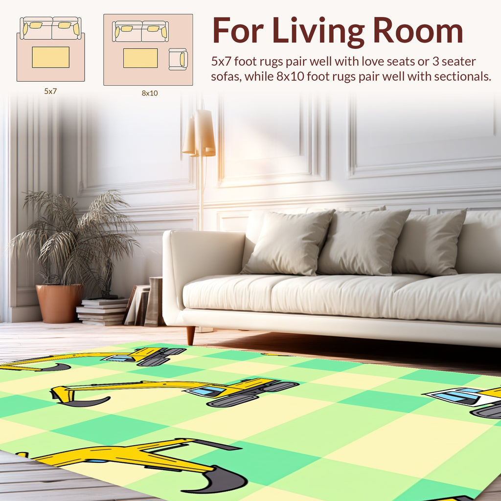 Yellow Excavator Pattern on Green Yellow Check Rug