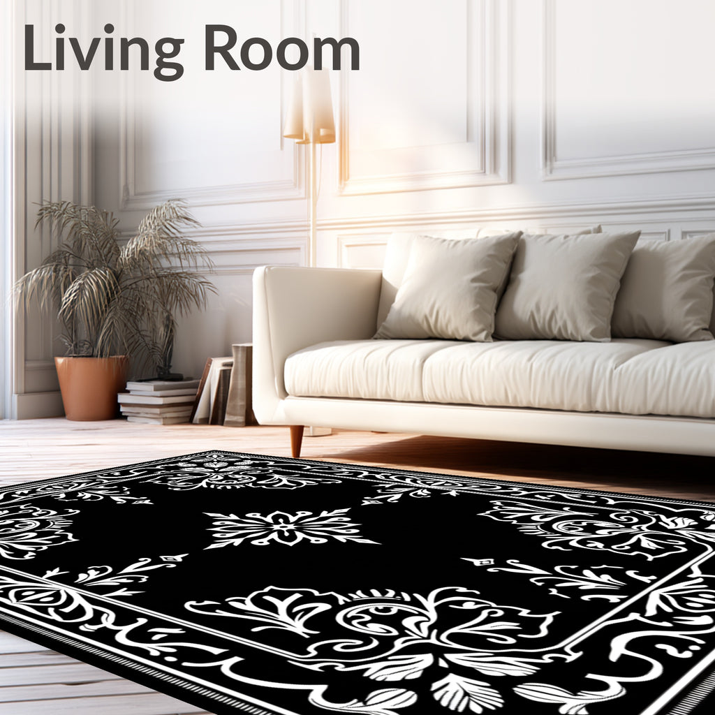 Ornate Black White Floral Border Rug