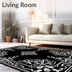 Ornate Black White Floral Border Rug