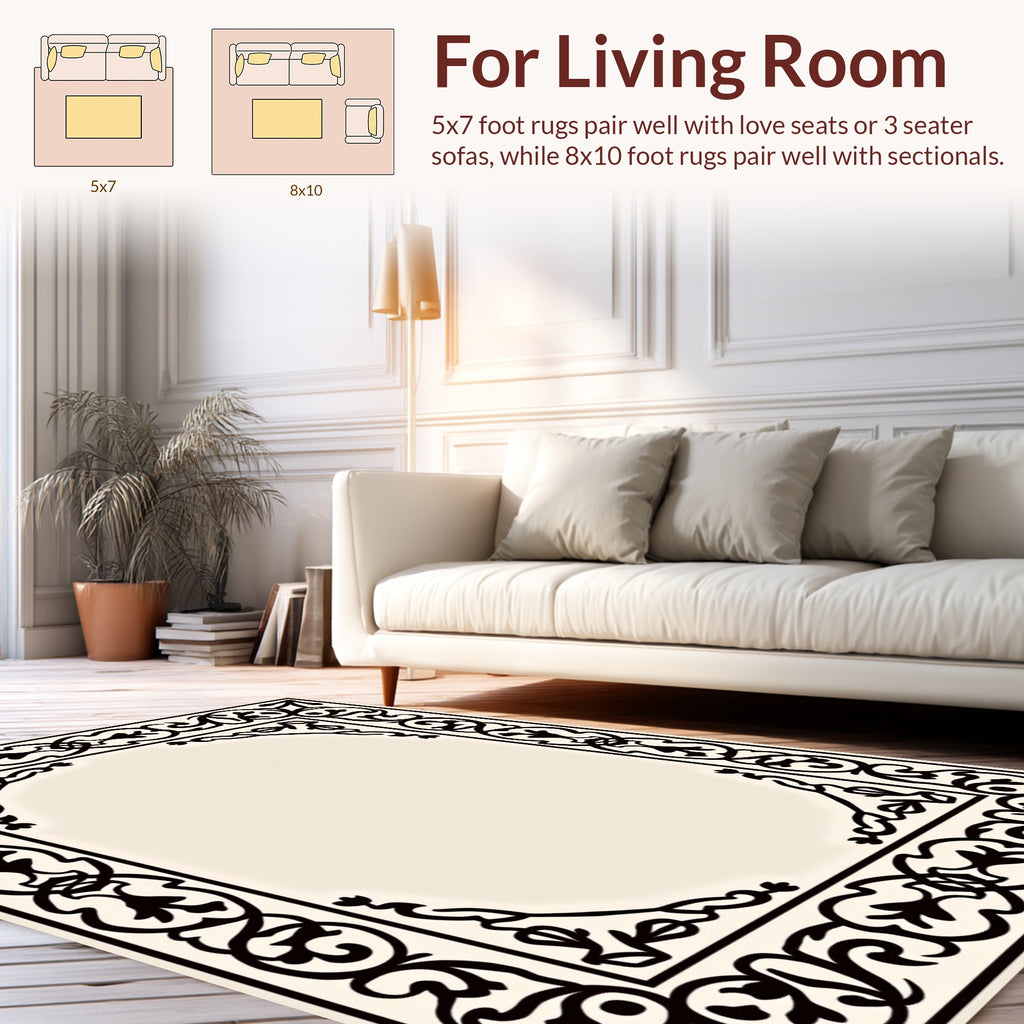 Elaborate Black Floral Border Design Rug